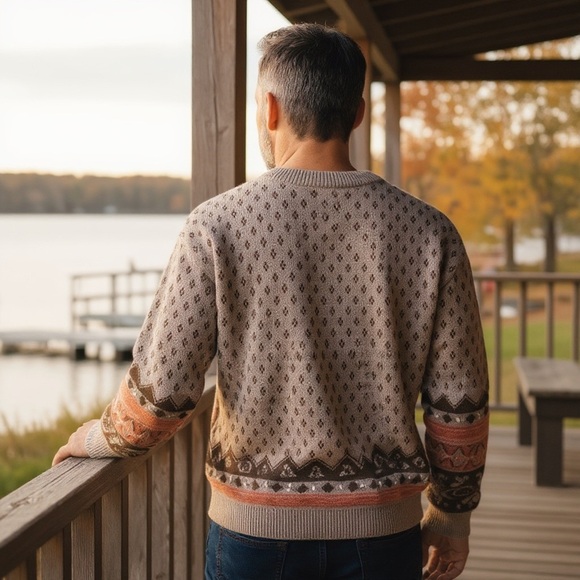 Thick Tight & Rib Knit Crewneck Sweater Taupe Brown Coral Fair Isle Pattern - Picture 2 of 10